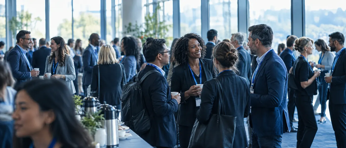 Attendees talking in small groups during a conference networking break